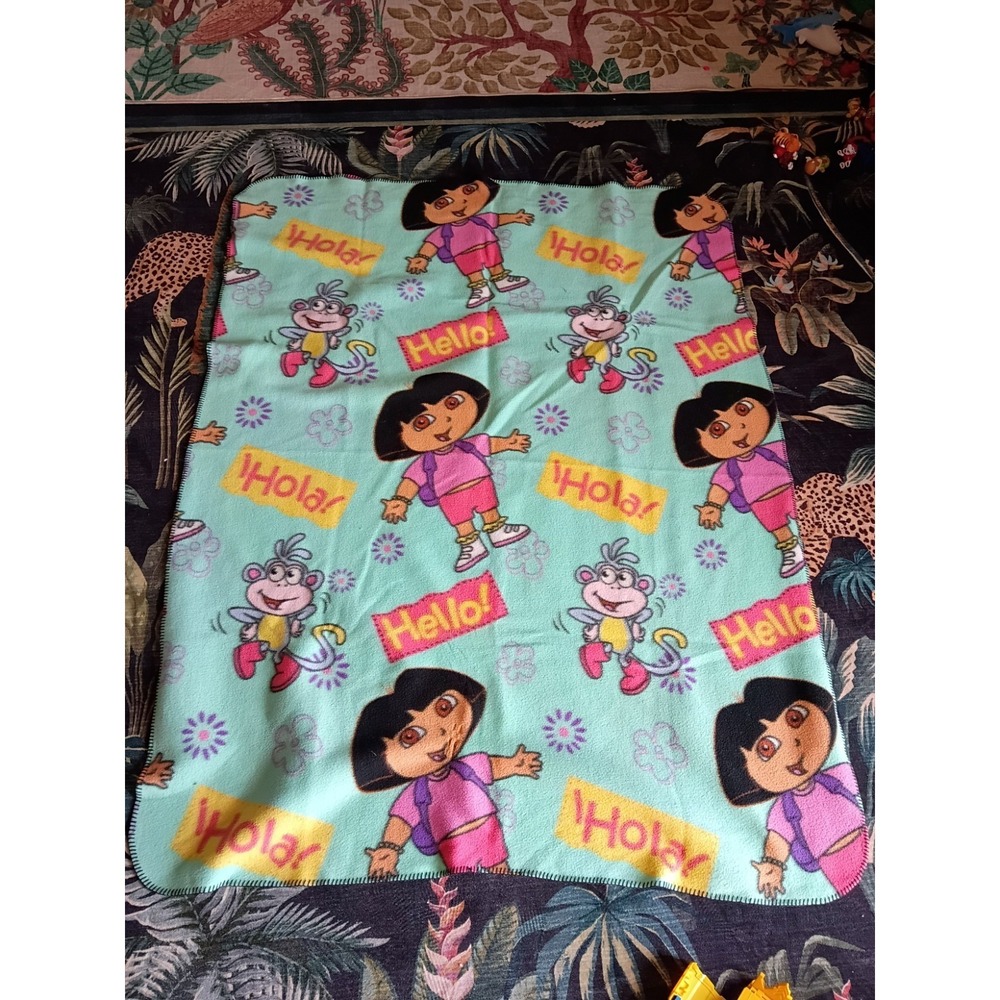 Vintage Y2K Dora The Explorer Plush Fleece Blanket Hello Hola Boots Throw 46x60